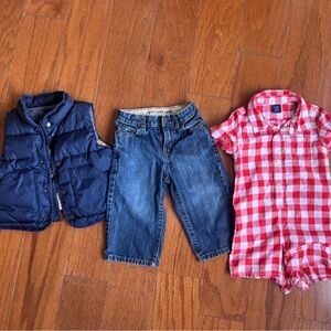 Boy Bundle/Lot. Navy Puffer Vest, Jeans, & White/Red Romper. SZ 18-24 mos.
